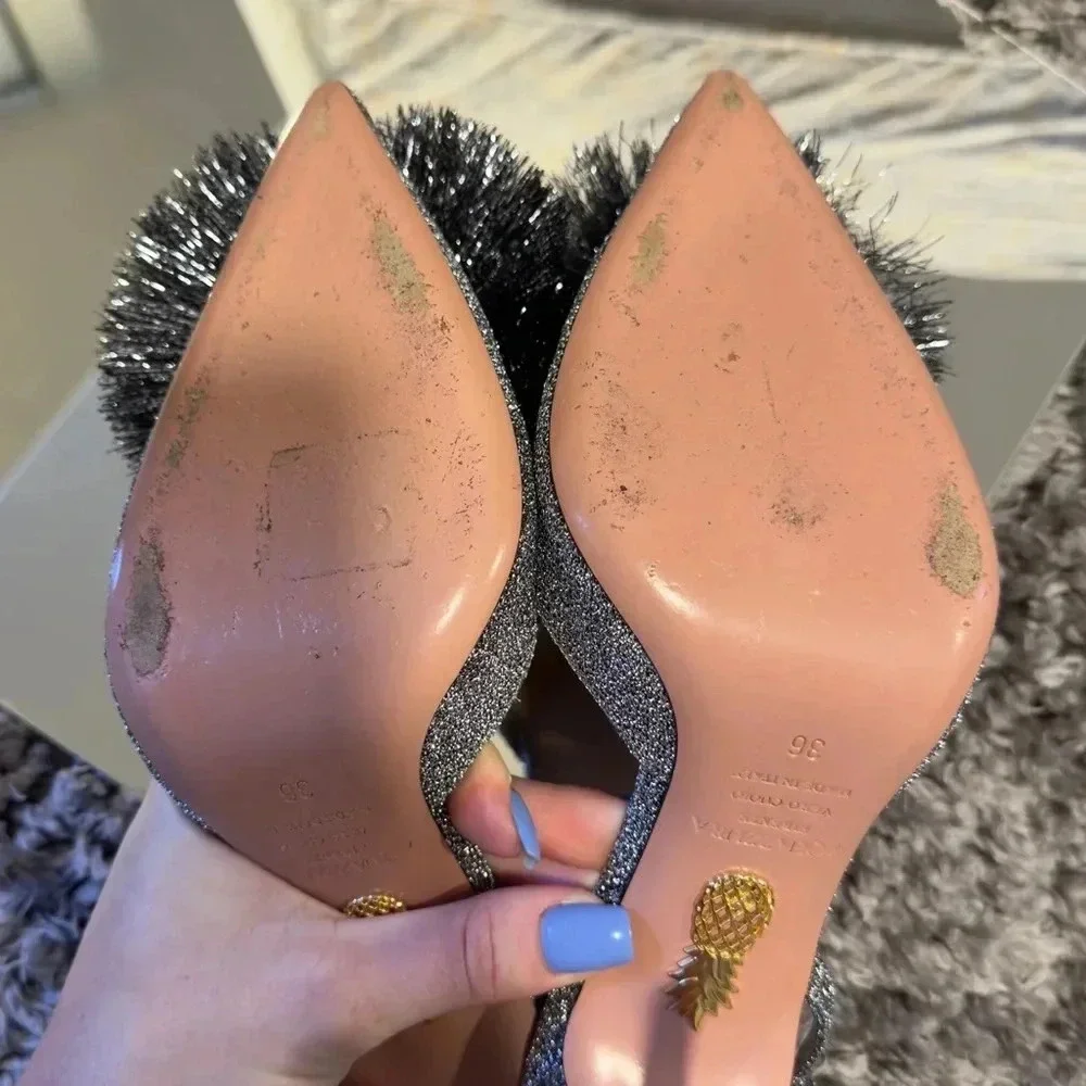 AQUAZZURA SILVER POMPOM SLINGBACK SANDALS - Picture 6 of 10